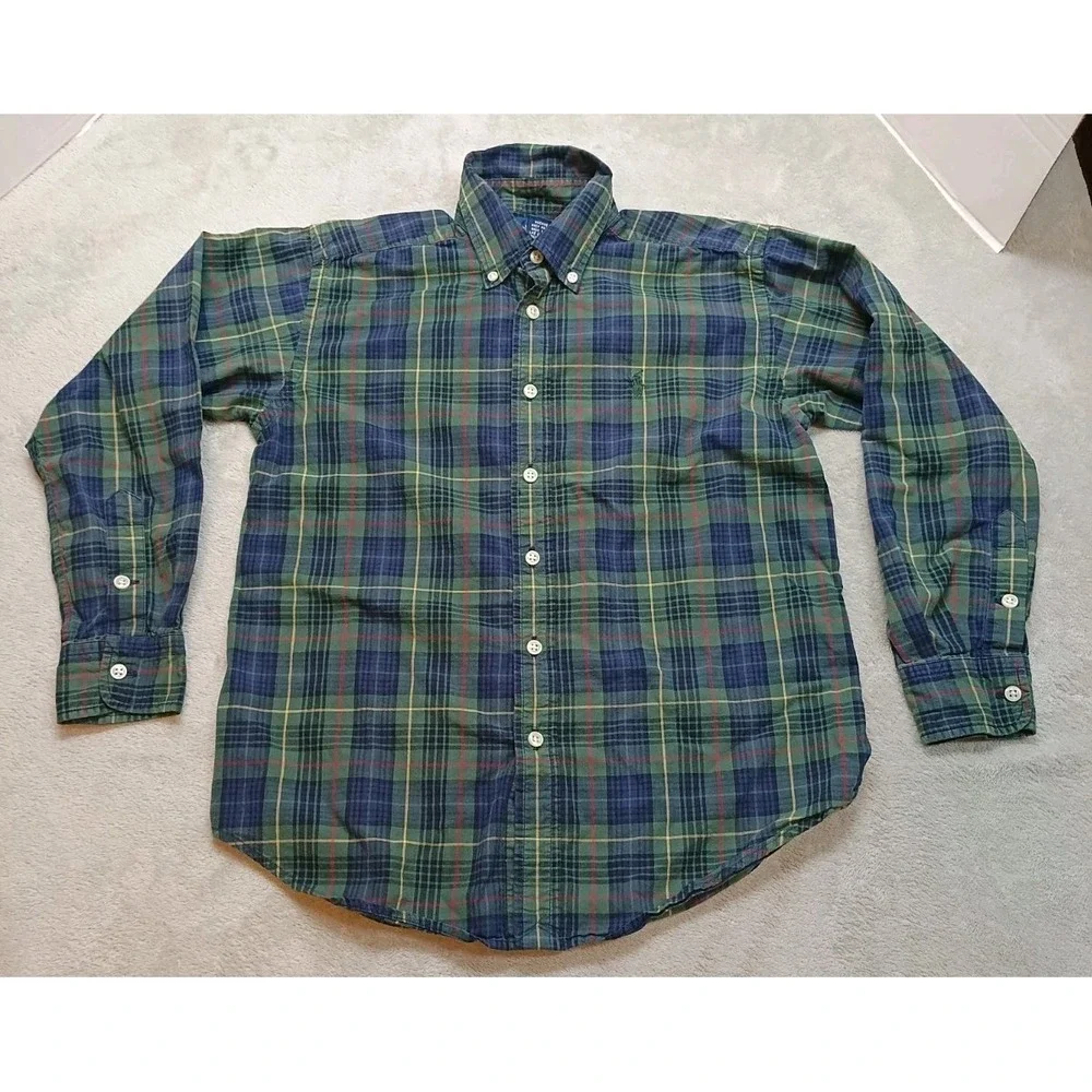 Ralph Lauren Boys Button Down Shirt Size M (12/14) Green Blue Red Plaid Cotton